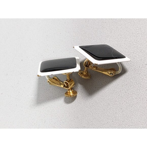 Vintage Napier Black White Square Metallic Clip On Earrings Mid Century Modern - Picture 4 of 7